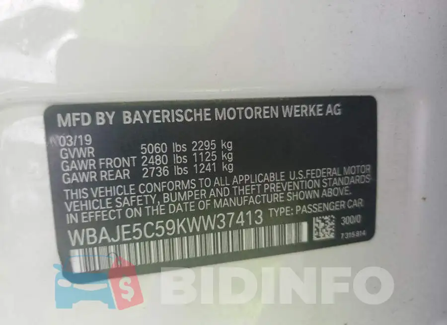 WBAJE5C59KWW37413 Photo# 12