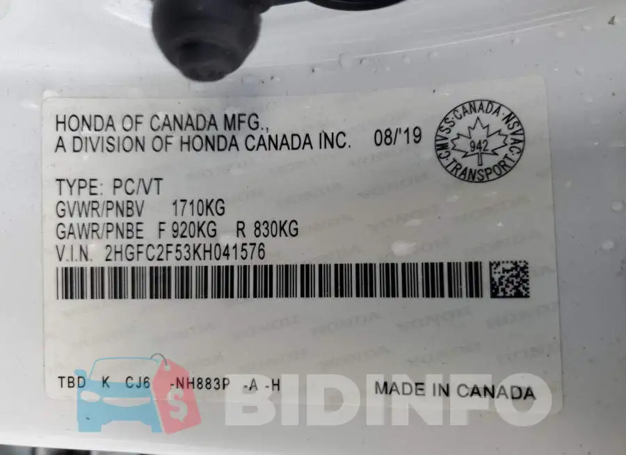 2HGFC2F53KH041576 Photo# 12