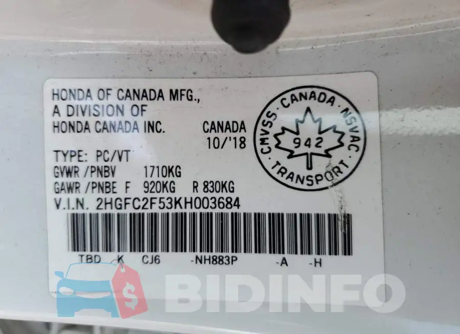 2HGFC2F53KH003684 Photo# 13