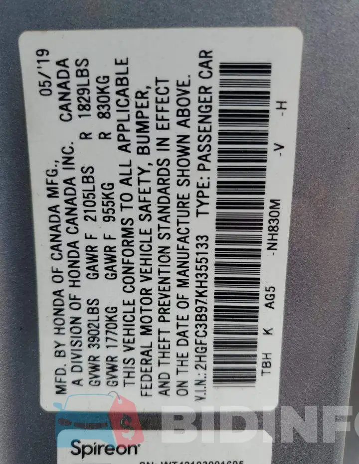 2HGFC3B97KH355133 Photo# 12