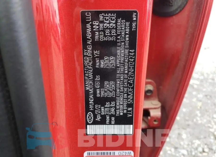 5NMJFCAE2NH124244 Photo# 13