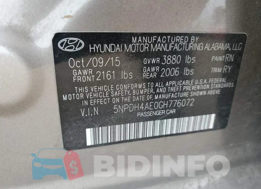 5NPDH4AE0GH776072 Photo# 12