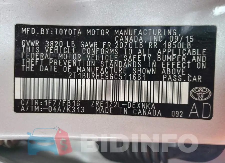 2T1BURHE9GC511661 Photo# 12
