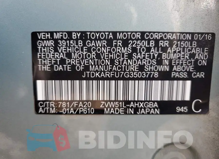 JTDKARFU7G3503778 Photo# 13