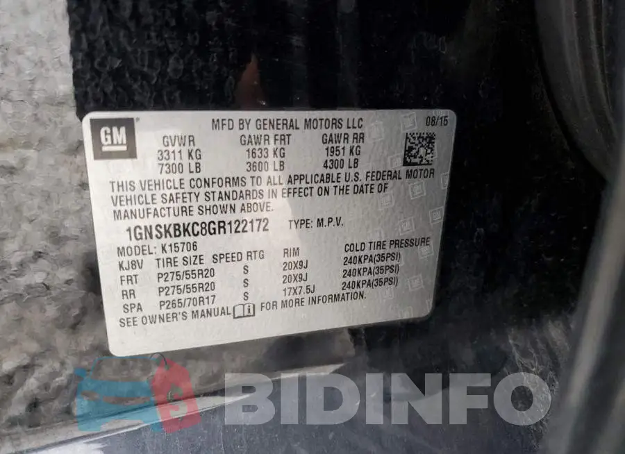 1GNSKBKC8GR122172 Photo# 13