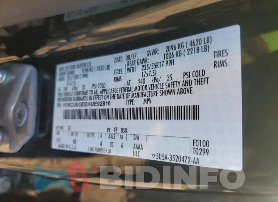 1FMCU0GD2HUE92816 Photo# 13