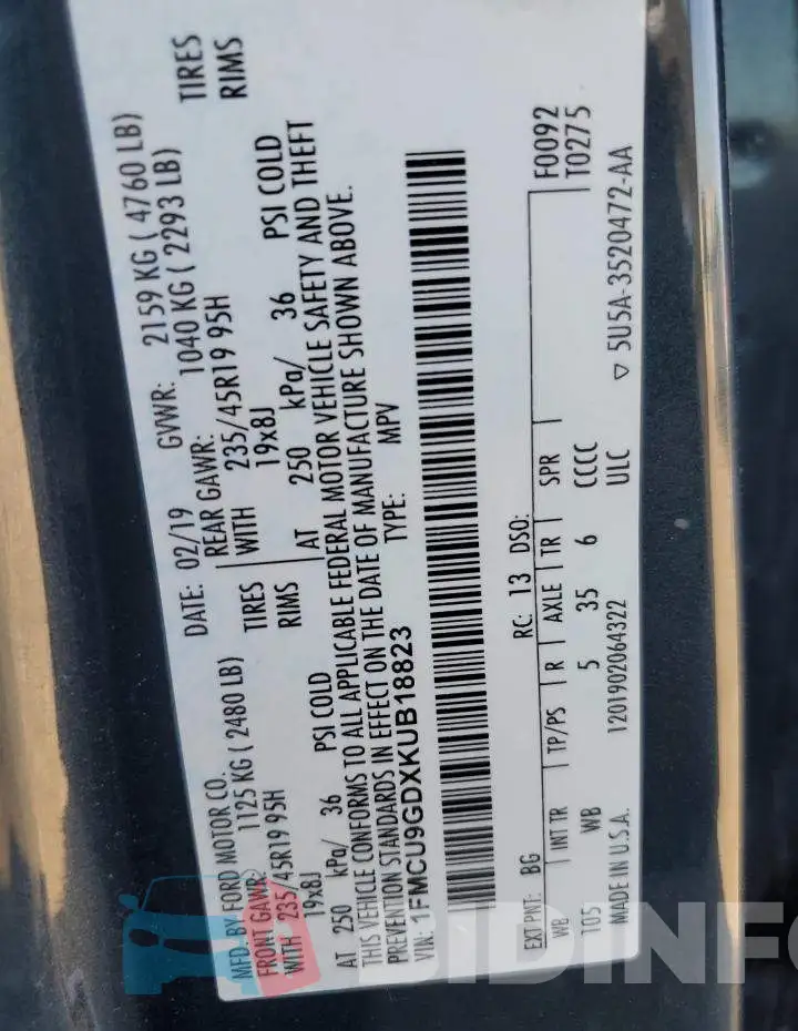 1FMCU9GDXKUB18823 Photo# 13