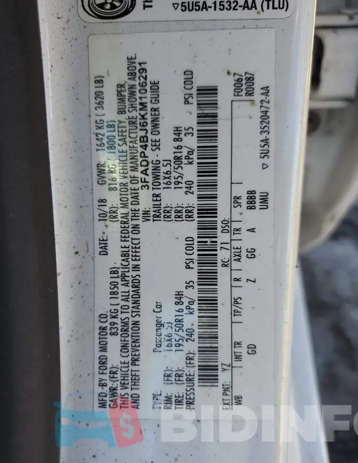 3FADP4BJ6KM106291 Photo# 12