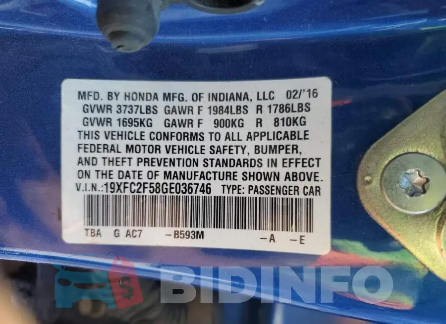 19XFC2F58GE036746 Photo# 12