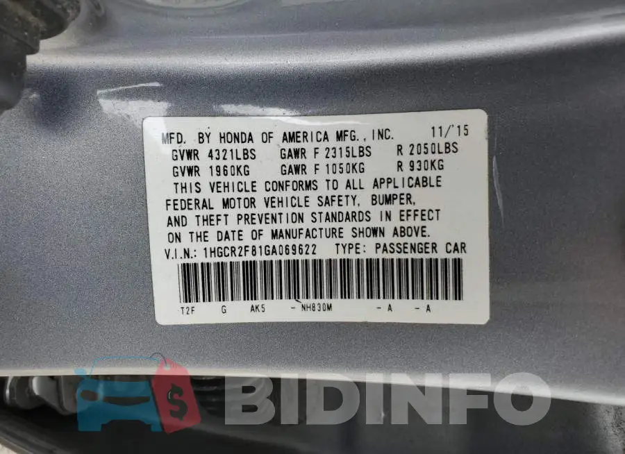 1HGCR2F81GA069622 Photo# 12