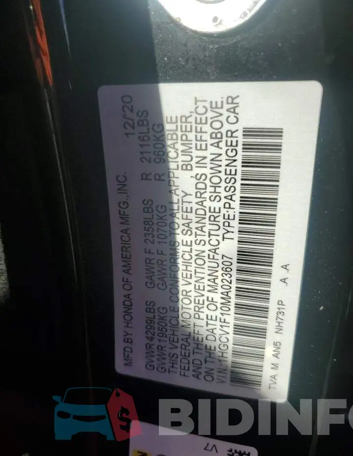 1HGCV1F10MA023607 Photo# 12