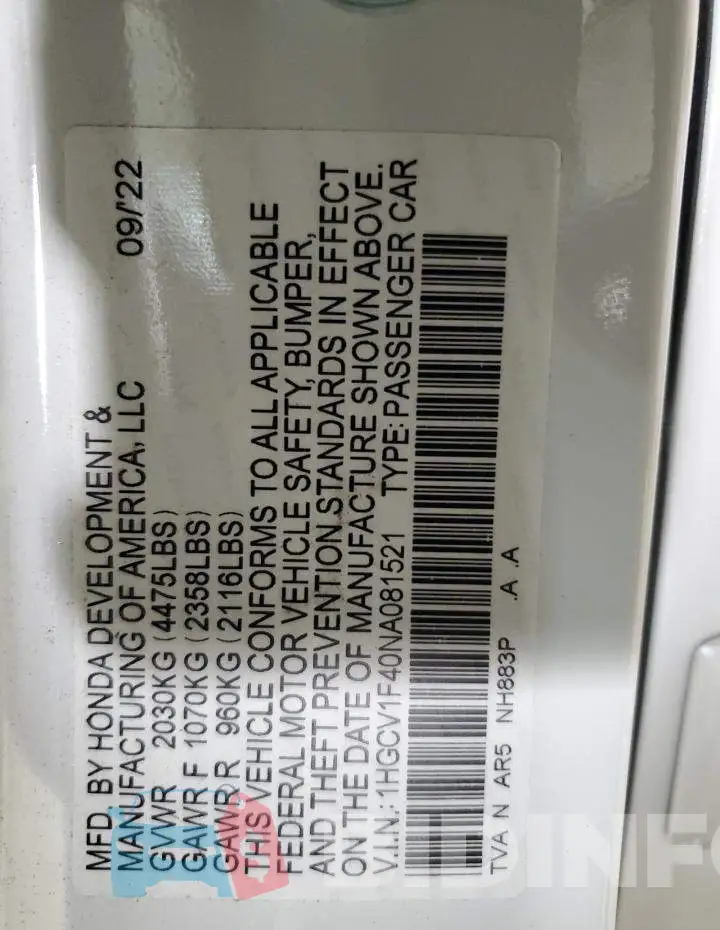 1HGCV1F40NA081521 Photo# 12