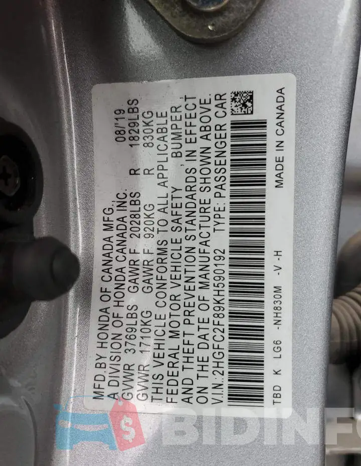 2HGFC2F89KH590192 Photo# 13