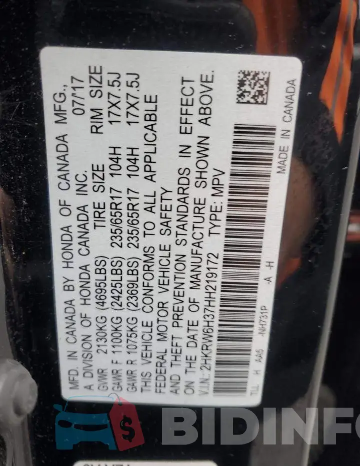 2HKRW6H37HH219172 Photo# 12