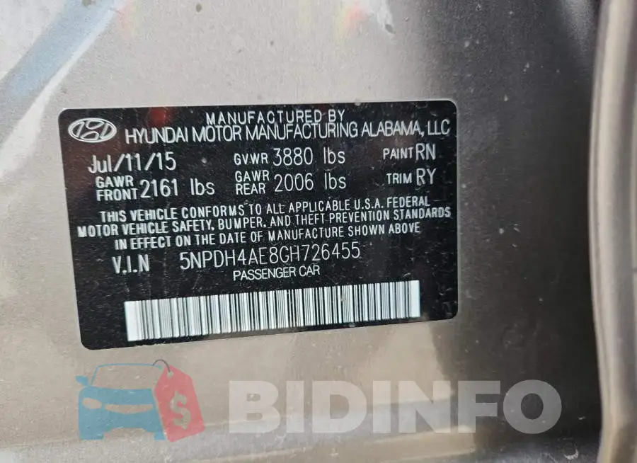 5NPDH4AE8GH726455 Photo# 12