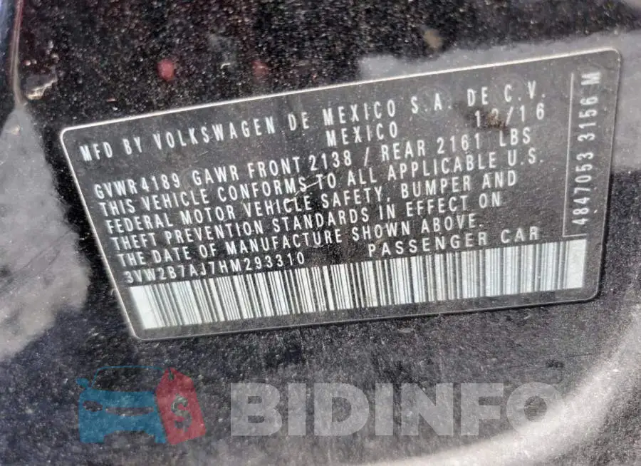 3VW2B7AJ7HM293310 Photo# 12