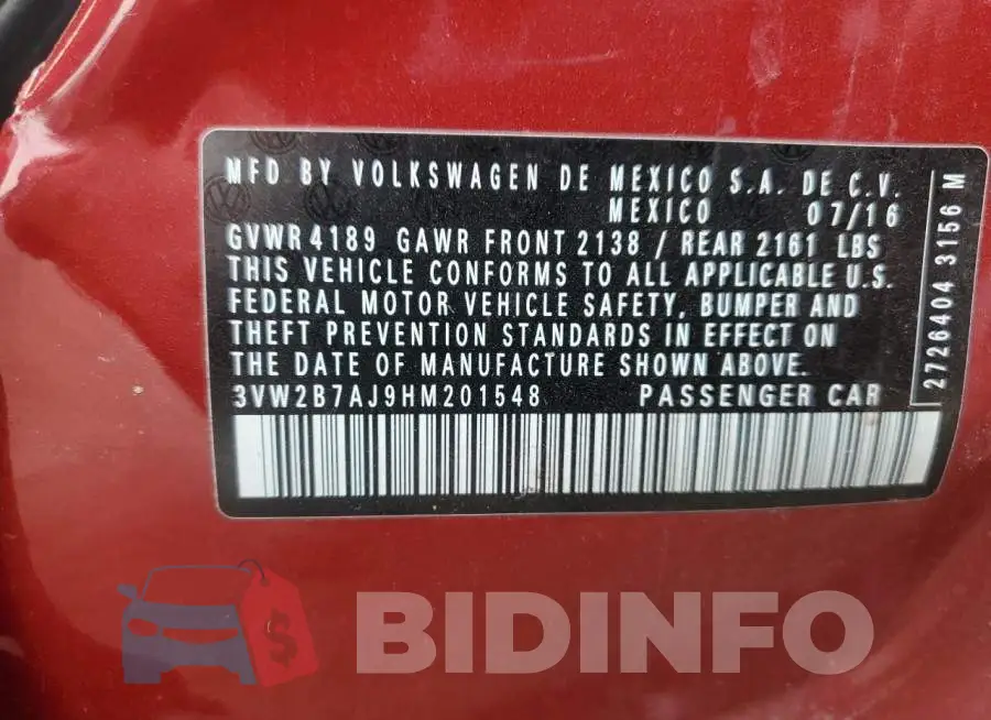 3VW2B7AJ9HM201548 Photo# 13
