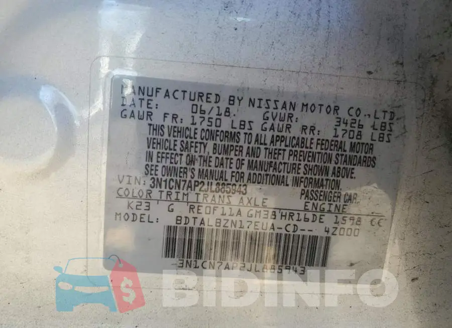 3N1CN7AP2JL885943 Photo# 12