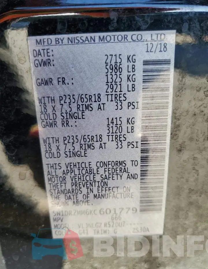 5N1DR2MM6KC601779 Photo# 12