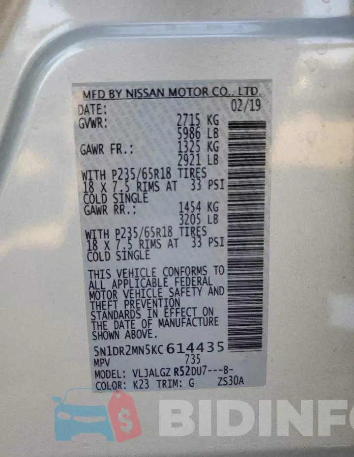 5N1DR2MN5KC614435 Photo# 13