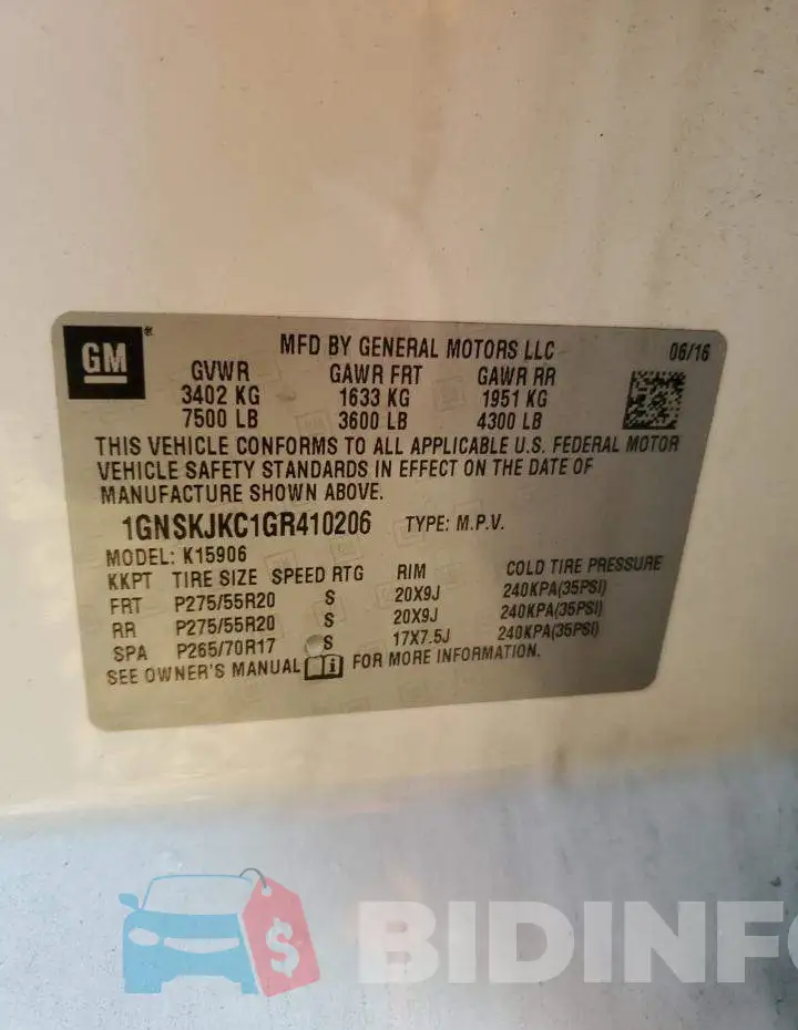 1GNSKJKC1GR410206 Photo# 13