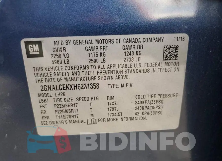 2GNALCEKXH6231358 Photo# 14