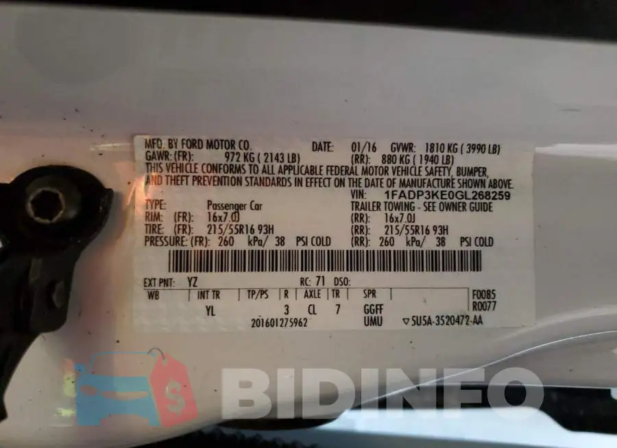 1FADP3KE0GL268259 Photo# 12