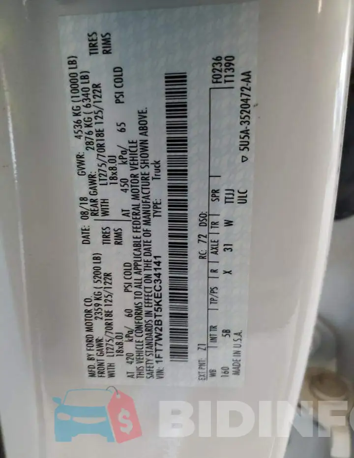1FT7W2BT5KEC34141 Photo# 12