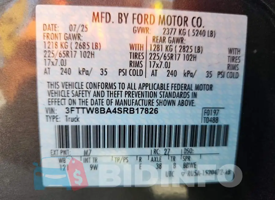 3FTTW8BA4SRB17826 Photo# 13