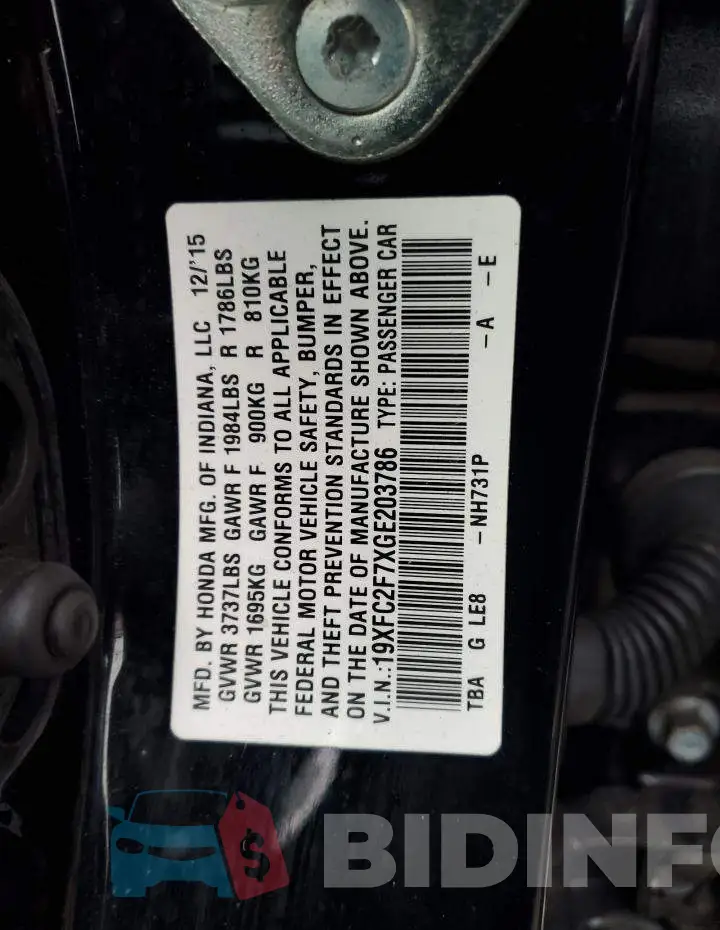 19XFC2F7XGE203786 Photo# 12