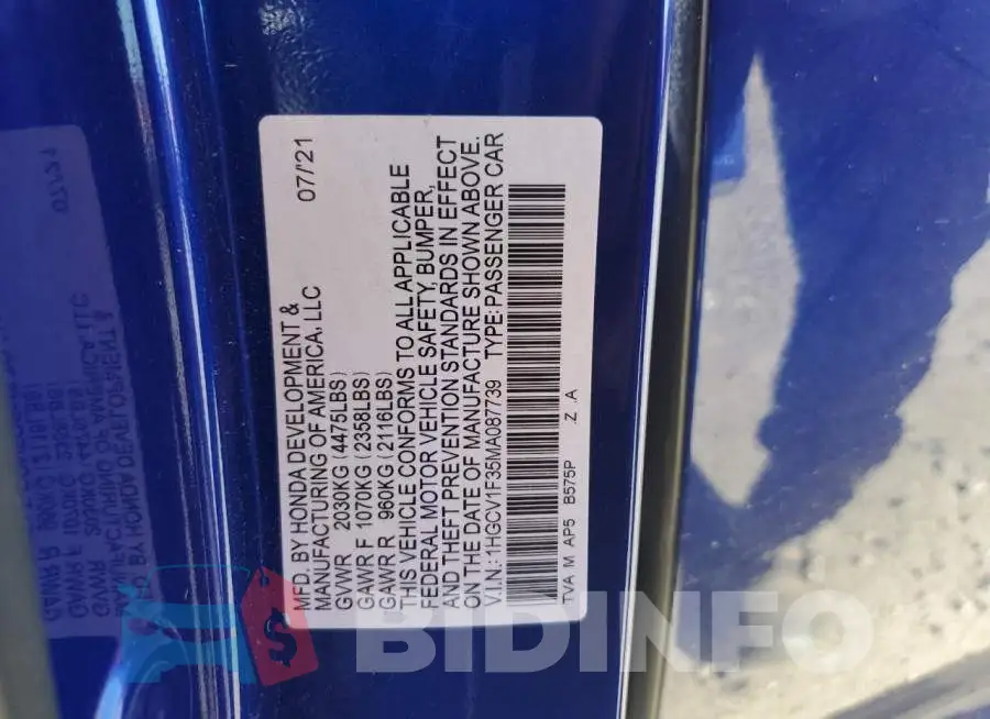 1HGCV1F35MA087739 Photo# 12