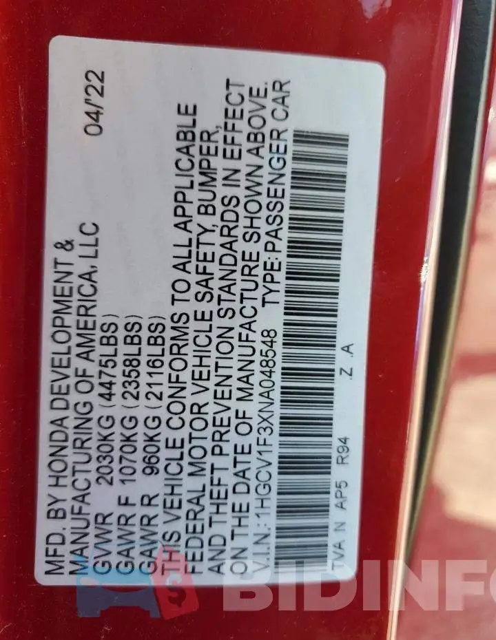 1HGCV1F3XNA048548 Photo# 12