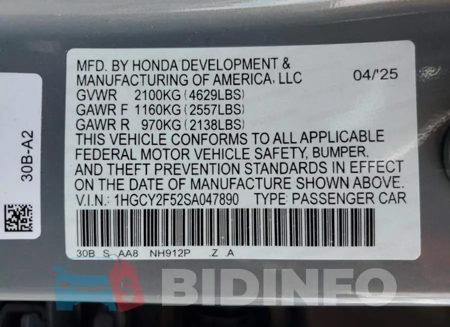 1HGCY2F52SA047890 Photo# 13