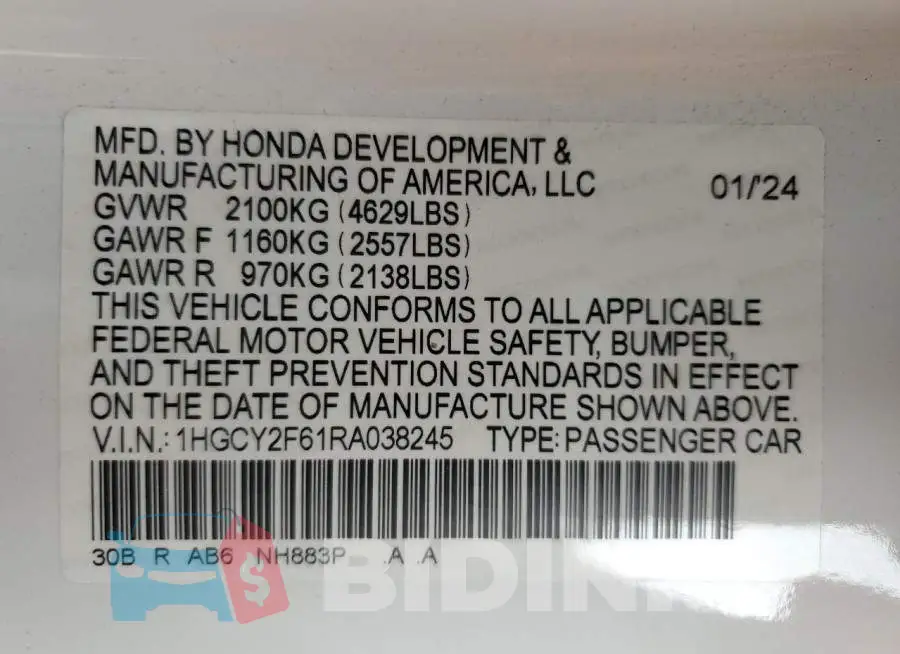 1HGCY2F61RA038245 Photo# 12