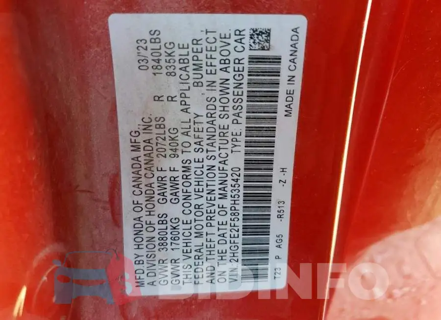 2HGFE2F58PH535420 Photo# 12