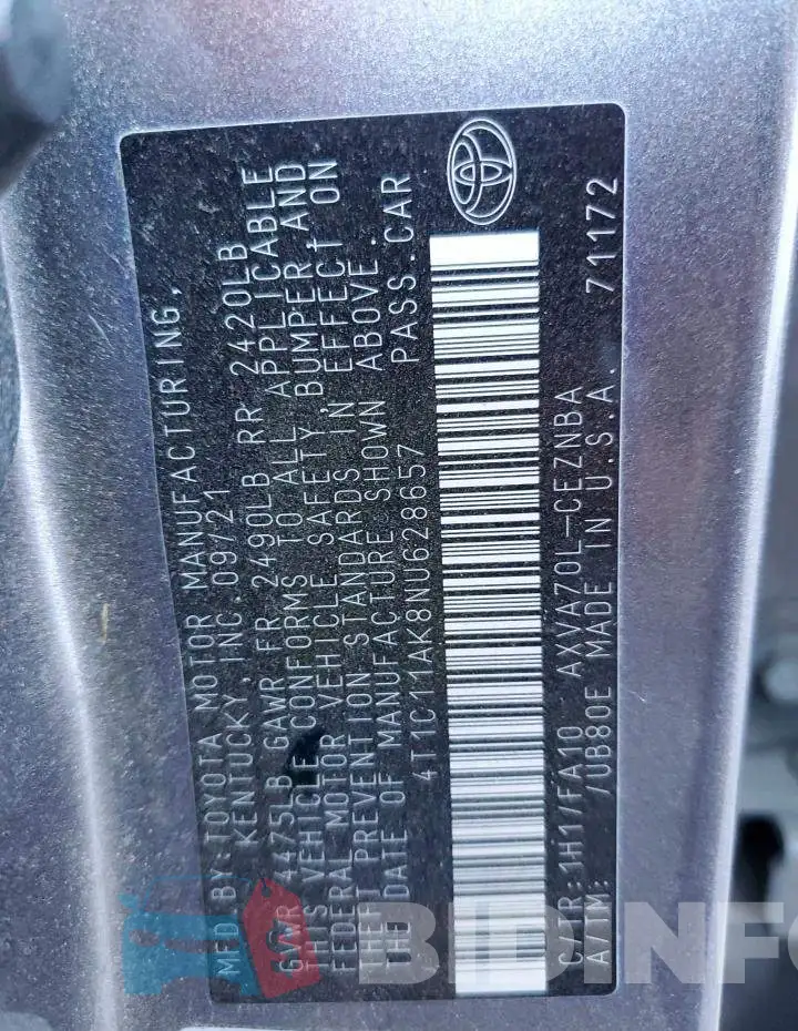 4T1C11AK8NU628657 Photo# 12