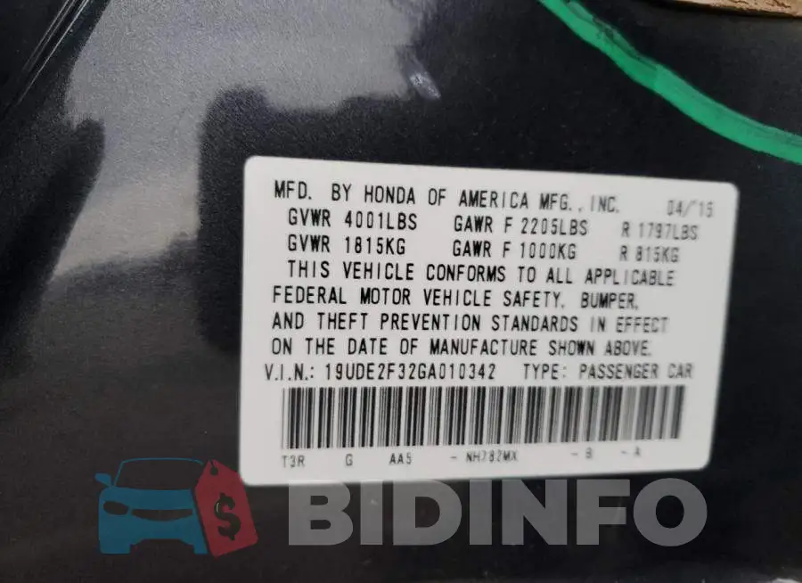 19UDE2F32GA010342 Photo# 13