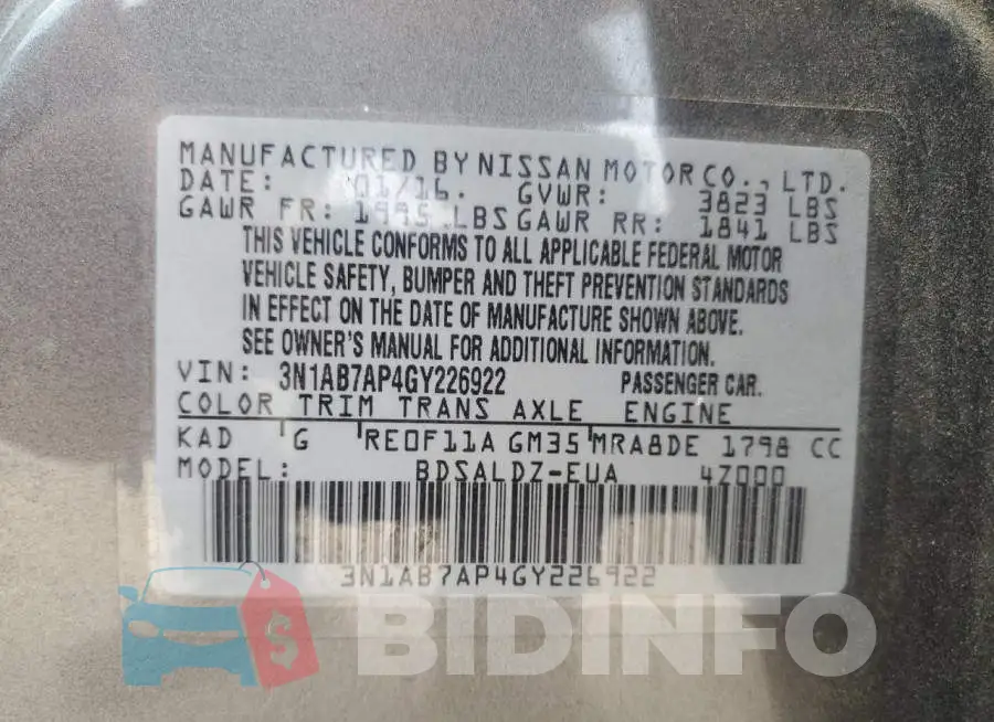 3N1AB7AP4GY226922 Photo# 12