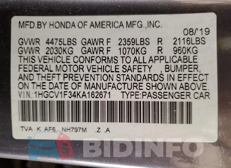 1HGCV1F34KA162671 Photo# 12