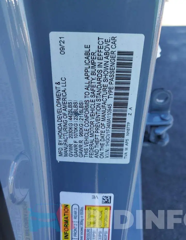 1HGCV1F34MA110945 Photo# 12