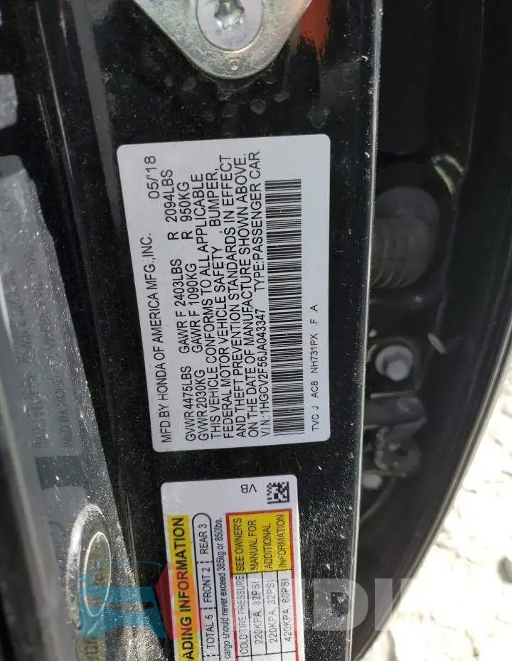 1HGCV2F56JA043347 Photo# 12
