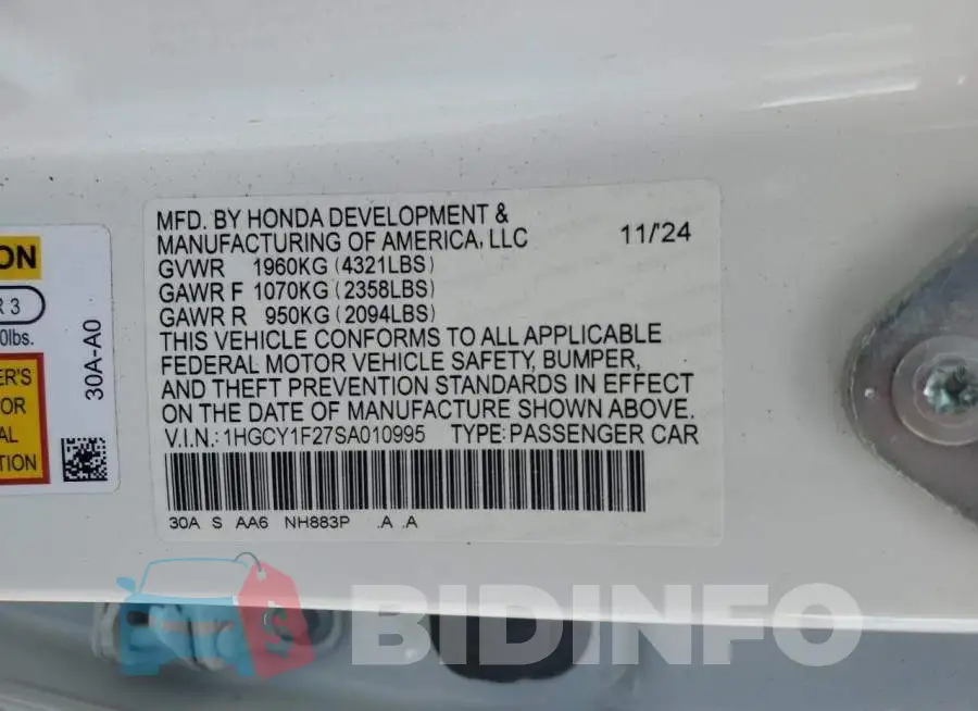 1HGCY1F27SA010995 Photo# 12