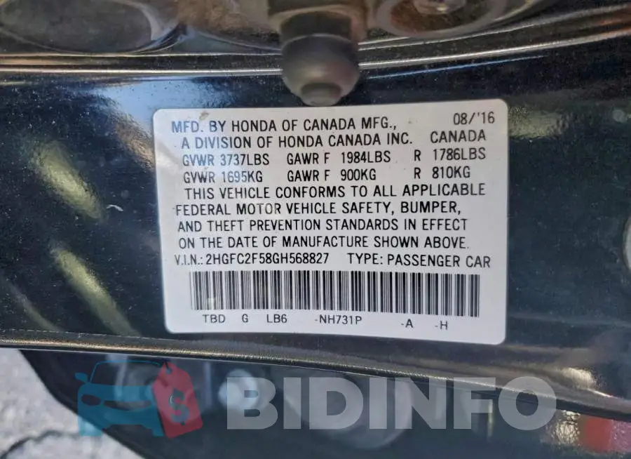 2HGFC2F58GH568827 Photo# 13