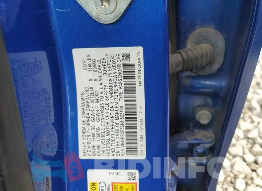 2HGFE2F53NH522166 Photo# 12