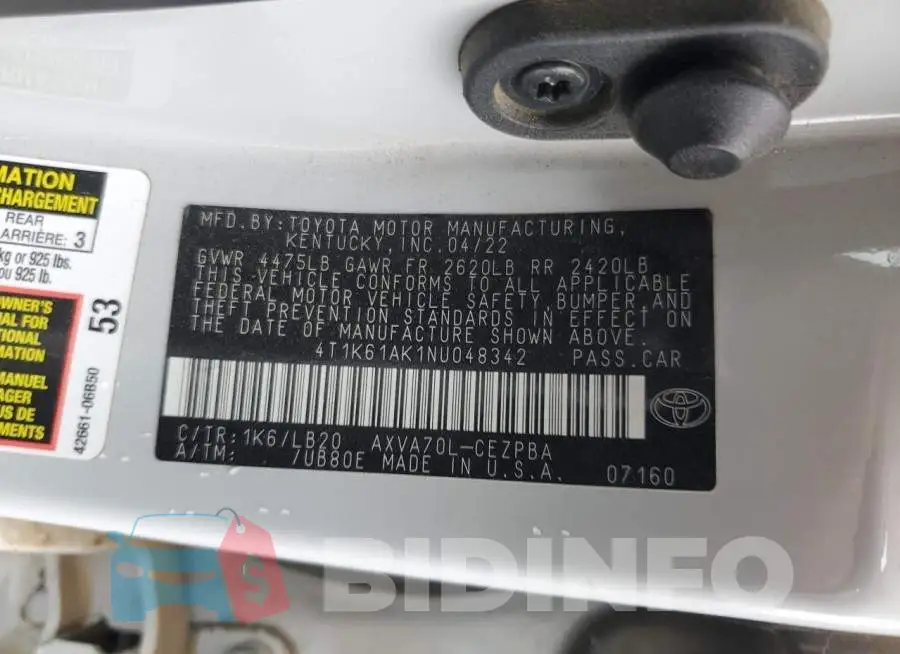 4T1K61AK1NU048342 Photo# 12