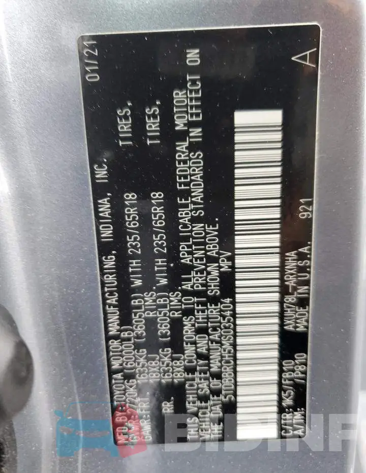 5TDBBRCH5MS035404 Photo# 14
