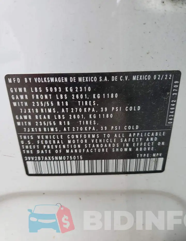 3VV2B7AX5NM075015 Photo# 13