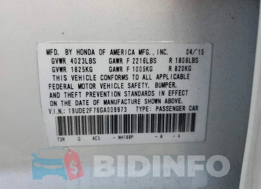 19UDE2F76GA009973 Photo# 12