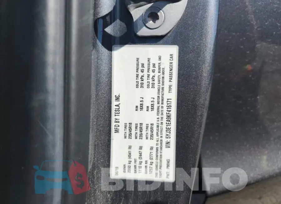 5YJ3E1EA9KF416171 Photo# 12