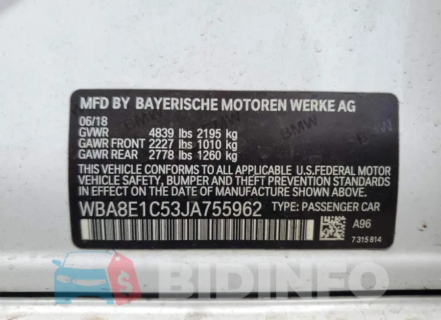 WBA8E1C53JA755962 Photo# 12